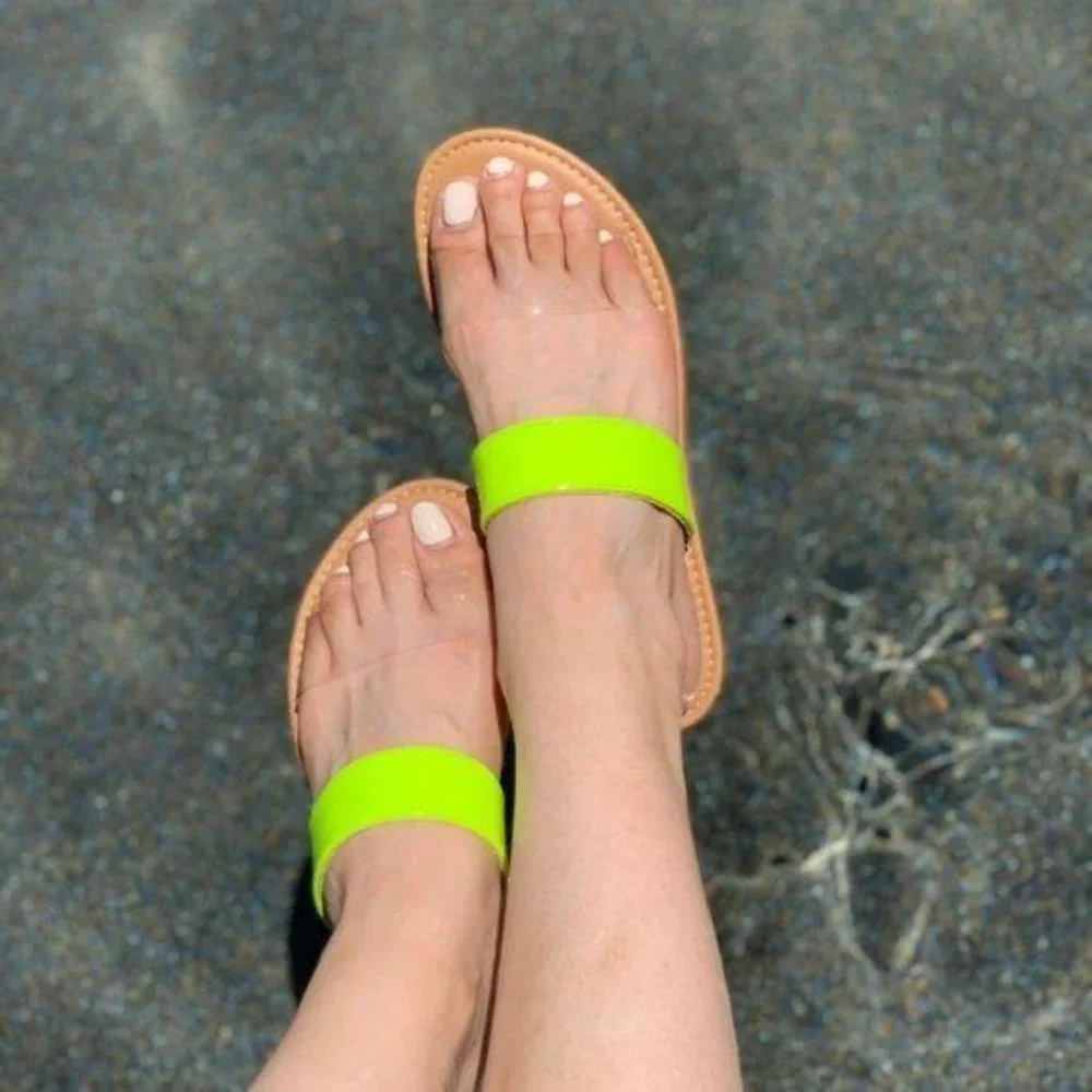Neon Yellow Clear Transpare Strap Flat Sandals_5